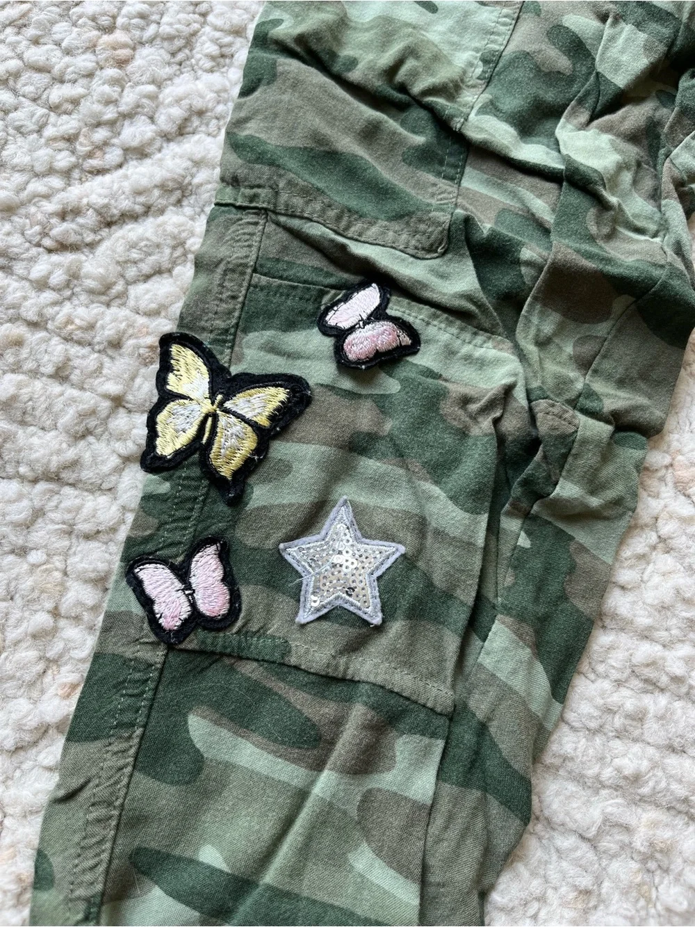 Justice Girls' Green Camo Cargo Pants with Embroidered Patches size 14